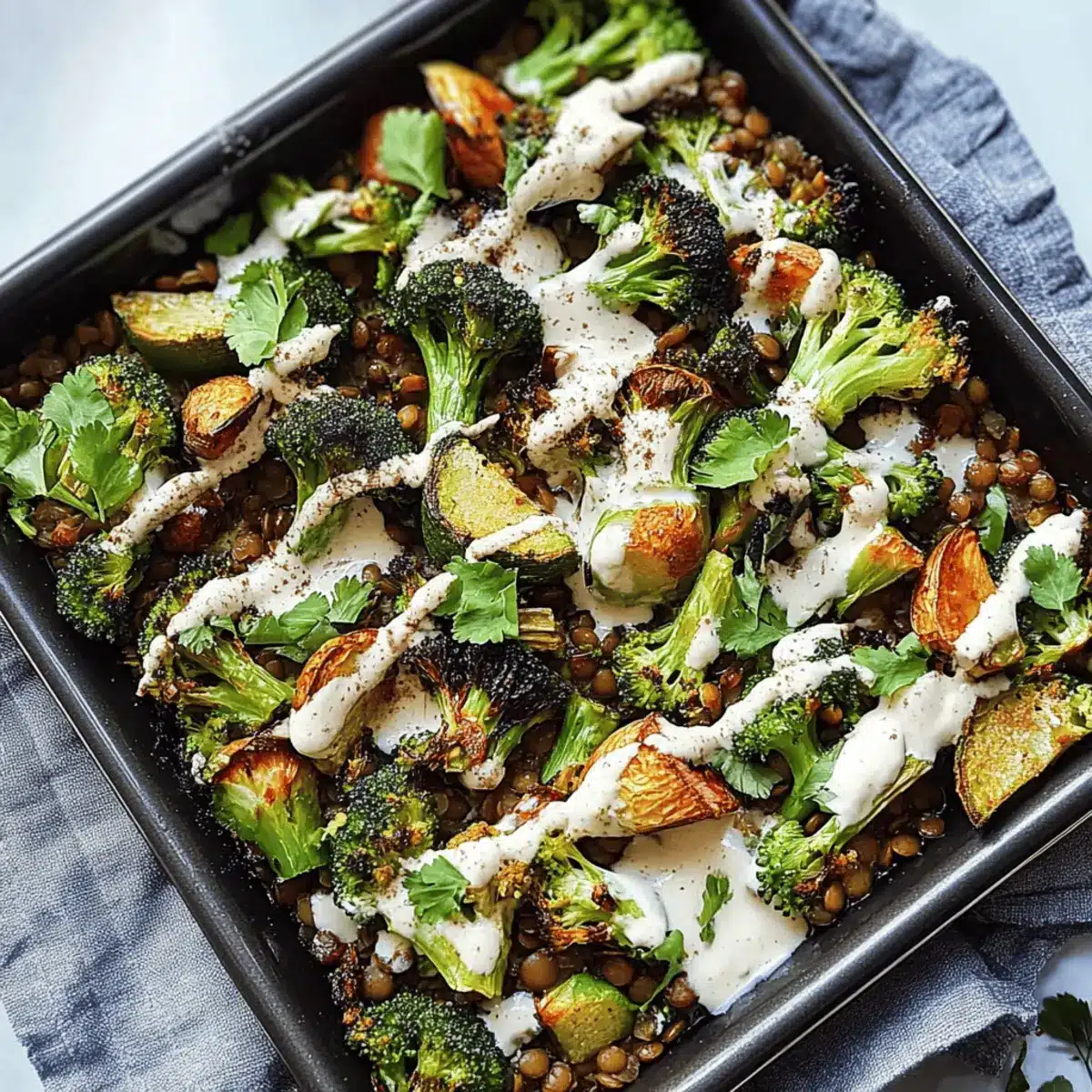 Vegetarian lentil and broccoli tray bake with creamy tahini dressing